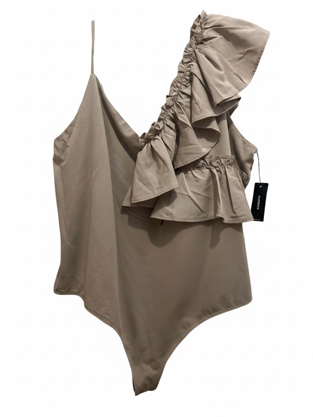 Express Ruffled One-Shoulder Bodysuit in Taupe